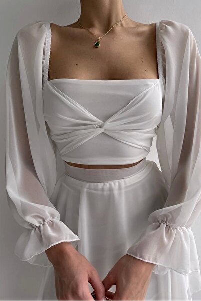 Eka Kadın Beyaz Bel Detaylı Tül Elbise 0990-212045