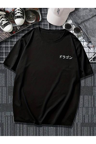 NOFLEN Tricou oversize 100% bumbac cu imprimeu dragon unisex