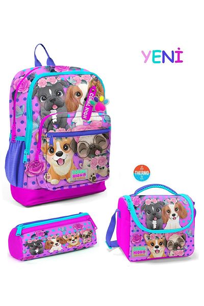 Coral High Pink Dog Patterned Children's School Bag Set of 3