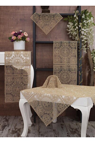 Tropikhome Victoria Bej Renk Salon Takımı 5 Parça Nakış Çeyiz Seti