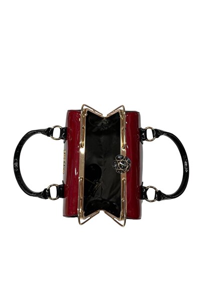 Pandora Bags Bordo Siyah Geçişli Burslu Büyük Rugan Çanta Ve Cüzdan Seti