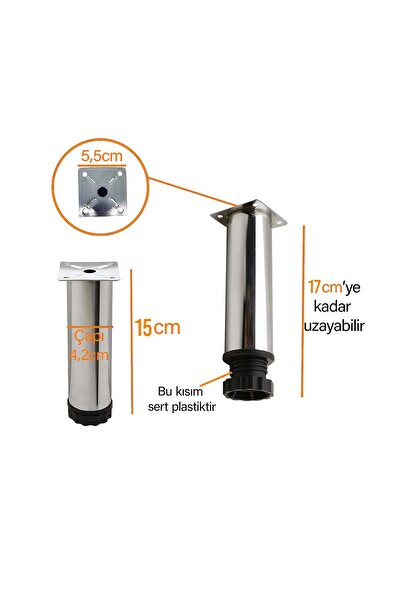 senal ticaret 4 Adet Ayarlı Metal Ayak 15 CM Lüx Baza Dolap Koltuk Mobilya Kanepe Ayağı Krom Destek Ayağı