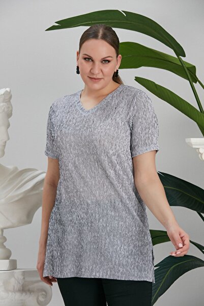 RMG V Yaka Fitilli Büyük Beden Siyah Tişört