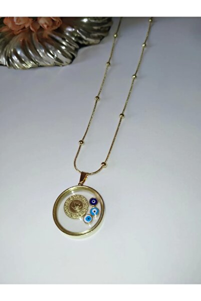 MİRAKSESUAR Dorica Chain Framed Quartered Evil Eye Beads Detailed Steel Necklace