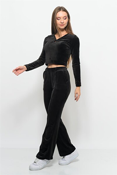 Nuseel Set de două piese pentru femei, din catifea moale, pantaloni-bluză, negru