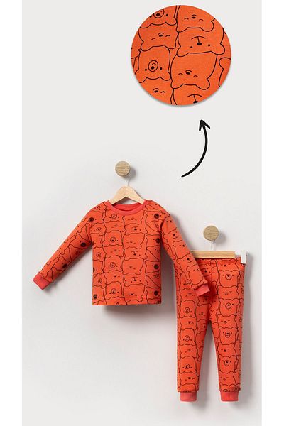 aden kids Brick Color Bear Printed Seasonal Cotton Fabric Cartoon Unisex Children's Pajamas Set