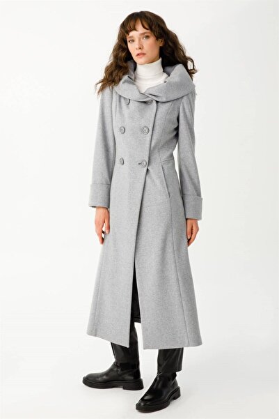 Esswaap Boğum Yakalı Önü Kruvaze Kapamalı Şanel Boy Manto Gri