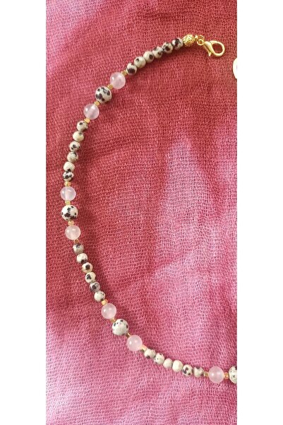 Mudita Tasarım 4/8 Mm Dalmaçya Jasper, 6 Mm Pembe Kuvars Gerçek Doğal Taş Tasarım Kolye