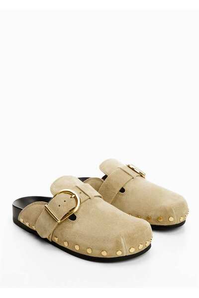 MANGO Woman Leather Studded Heeled Slippers