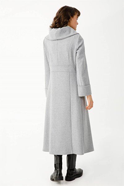 Esswaap Boğum Yakalı Önü Kruvaze Kapamalı Şanel Boy Manto Gri