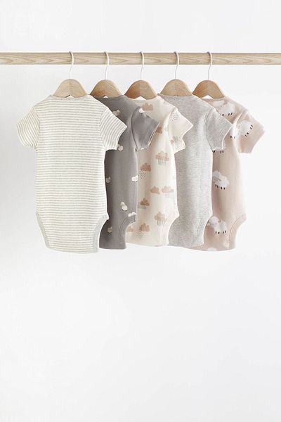 Next Baby 100% Cotton Gray Sheep Patterned Short Sleeve Set of 5 Baby Bodysuits