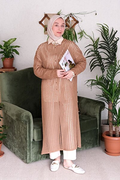 Ceylan Otantik Πλεκτό φόρεμα καφέ με γαλακτώδες χρώμα