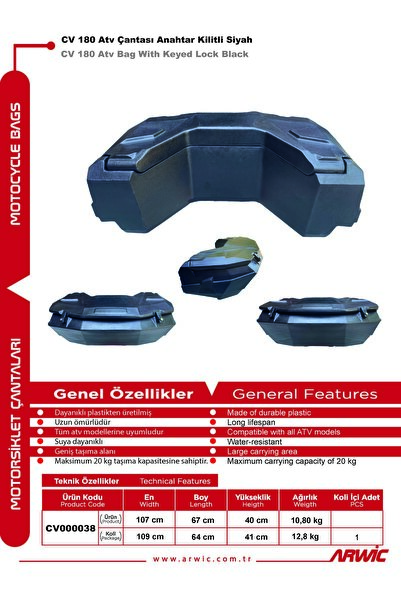 arwic ATV ÇANTASI ANAHTAR KİLİTLİ SİYAH CV 180