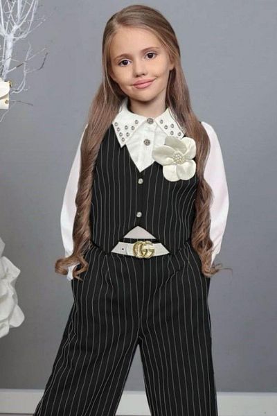 Riccotarz Stoned Detailed Collared Shirt and Striped Black Bottom Set for Girls