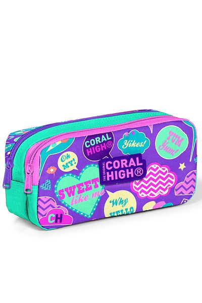 Coral High Παιδική τσάντα στυλό δύο τμημάτων με πράσινο μωβ σχέδιο 22159