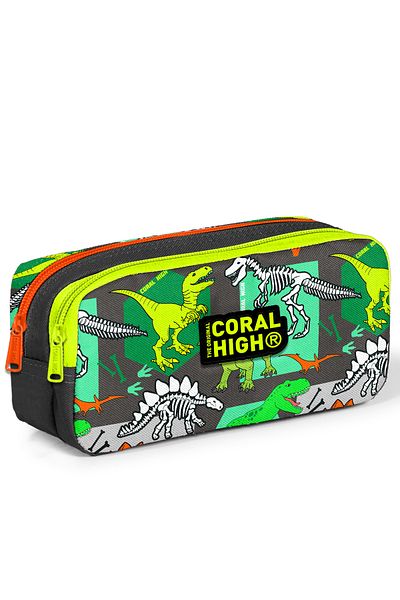 Coral High Παιδική τσάντα στυλό δύο τμημάτων σε γκρι πράσινο σχέδιο δεινοσαύρων 22165