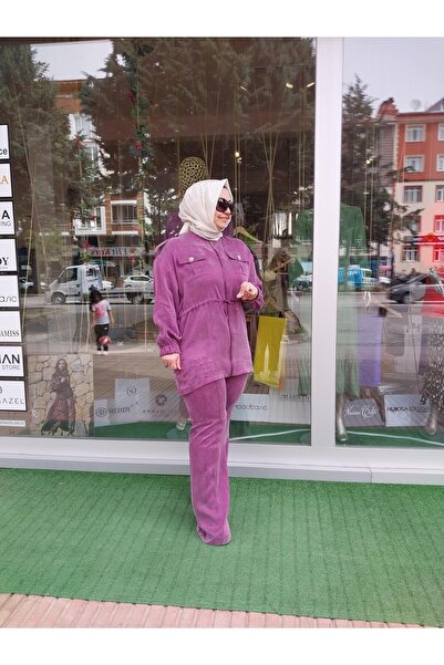 Lisa Exclusive LİSA EXCLUSİVE TAŞ DÜĞME DETAYLI İPEK PANTOLONLU TAKIM MOR 3016