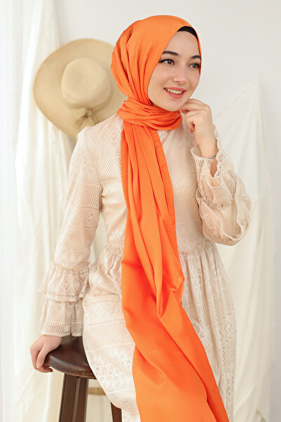 isometric Turuncu Abiye Janjan Parlak Saten Dokulu Tesettür Abiye Şifon Şal