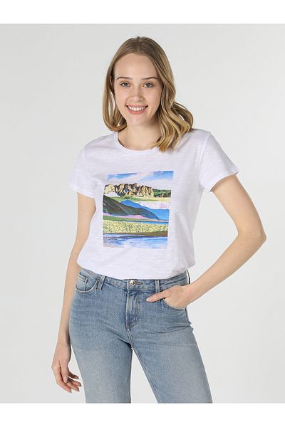 Colin's Tricou cu mânecă scurtă pentru femei, alb, cu imprimeu, cu decolteu rotund, Cl 1057337
