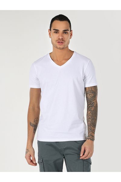 Colin's Tricou alb cu mânecă scurtă pentru bărbați, slim fit, cu decolteu în V