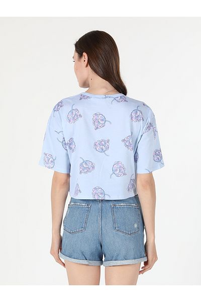 Colin's Tricou cu mânecă scurtă pentru femei, albastru, cu decolteu, cu imprimeu floral Cl 1058926