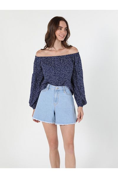 Colin's Blue Patterned Regular Fit Women's Blouse - Off Shoulder, Long Sleeve Cl 1058745