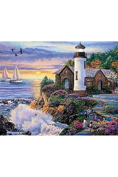 MARCEL SANAT Lighthouse And Stone House Diamond Mosaic Painting 56x43cm
