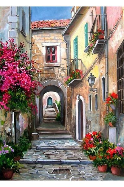 MARCEL SANAT Italian Houses in Narrow Street Diamond Mosaic Painting 41x56cm