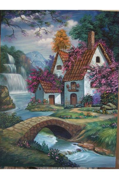 MARCEL SANAT Home Diamond Mosaic Painting with Pink Tree and Stone Bridge 38x51