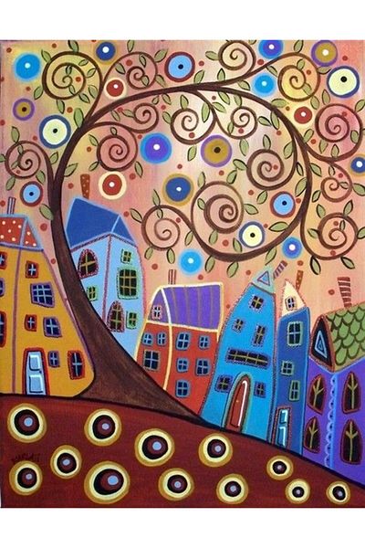 MARCEL SANAT Colorful Trapezoid Houses And Tree Diamond Mosaic Painting 40x50cm