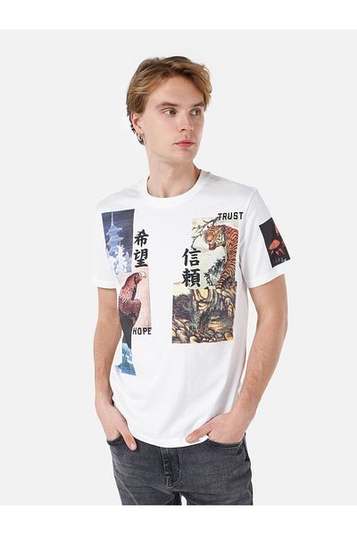 Colin's Tricou cu mânecă scurtă pentru bărbați, alb, imprimat cu decolteu normal, Cl 1061631
