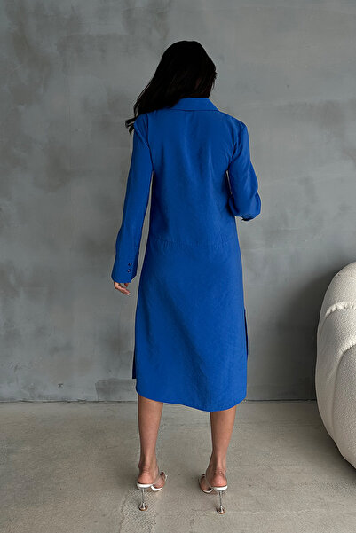 Ortaya Çık Синя сукня міді з модальної тканини з коміром-поло