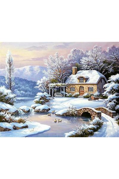 MARCEL SANAT Snowy House Diamond Mosaic Painting with Stone Bridge 64x51cm