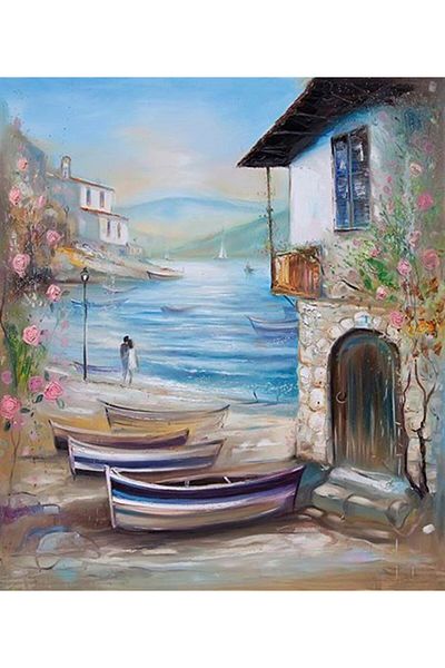 MARCEL SANAT Stone House and Boats on the Seashore Diamond Mosaic Painting 50x60cm