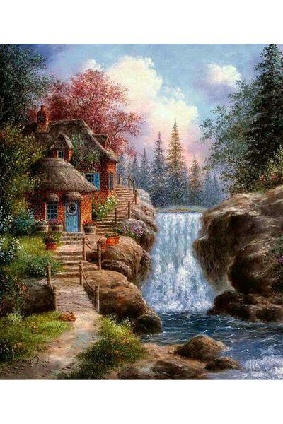 MARCEL SANAT Small Waterfall And Forest House Diamond Mosaic Painting 46x53cm