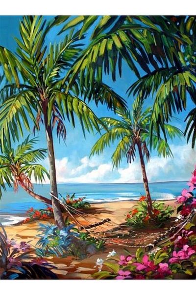 Marcel Kristal Tablo Hammock on the Sea Shore Marcel Art Diamond Mosaic Painting 38x51cm
