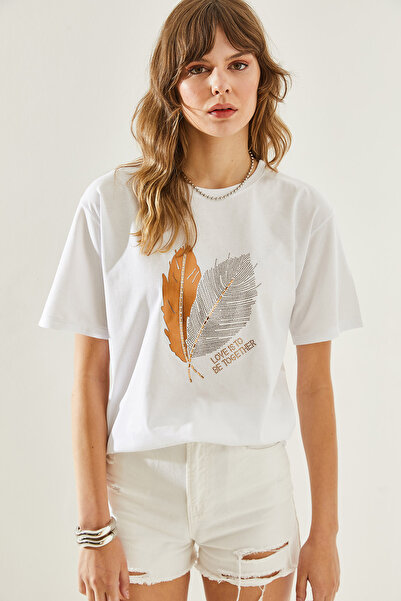 Bianco Lucci Γυναικείο χτενισμένο βαμβακερό μπλουζάκι με πέτρα με φύλλα -60251210