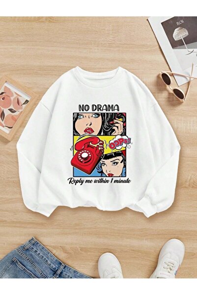 over head oh Hanorac de damă, alb, cu imprimeu No Drama, cu guler de bicicletă