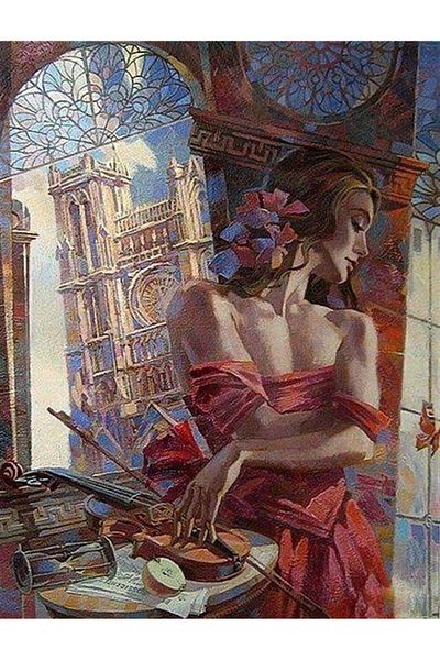 Marcel Kristal Tablo Woman And Violin Marcel Art Diamond Mosaic Painting 46x58cm