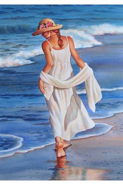 MARCEL SANAT Women's Diamond Mosaic Painting in Sandy White Dress 36x58cm