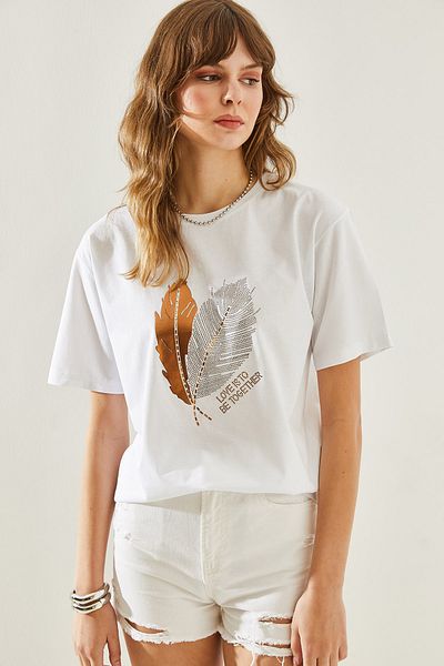 Bianco Lucci Tricou de damă din bumbac pieptănat cu model de frunze și detaliu de piatră - 60251210