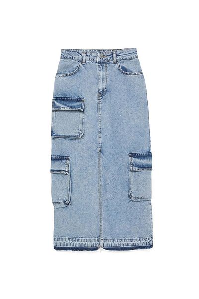 Quzu Cargo Pocket Detailed Slit Midi Denim Skirt Blue