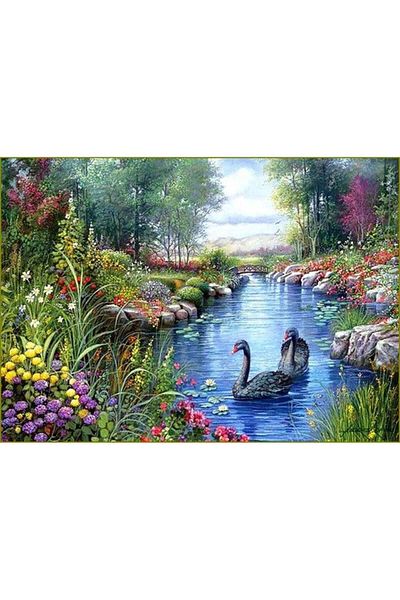 MARCEL SANAT Black Floral Pond - Diamond Mosaic Swans Painting 81x58cm