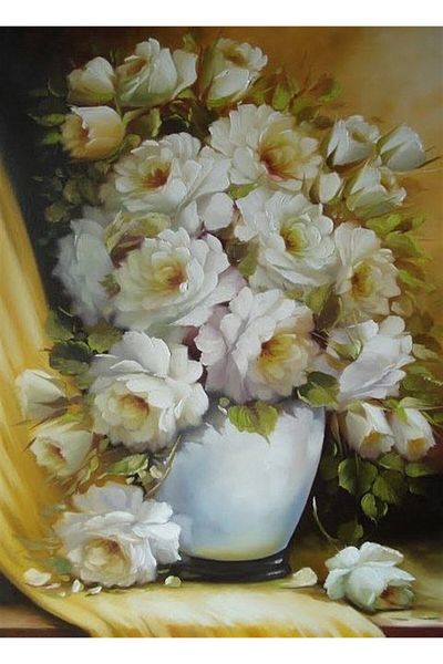 Marcel Kristal Tablo White Flowers Marcel Art Diamond Mosaic Painting 66x91cm
