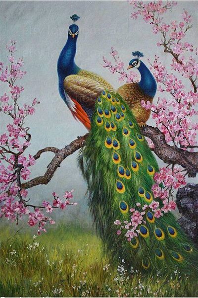 Marcel Kristal Tablo Peacock And Pink Flowers Marcel Art Diamond Mosaic Painting 56x84 Cm