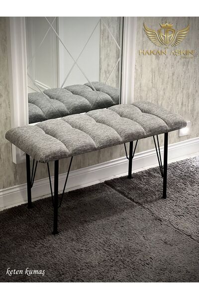 BY HAKAN AŞKIN Metal 4 Ayaklı 90 Cm Eco Keten Gri Puf & Bench Tekli 2024