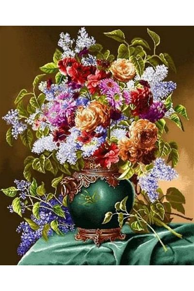 Marcel Kristal Tablo Green Vase And Colorful Flowers Marcel Art Diamond Mosaic Painting 56x69cm