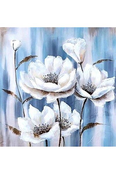 Marcel Kristal Tablo White Flowers in Blue Background Marcel Art Diamond Mosaic Painting 48x51cm