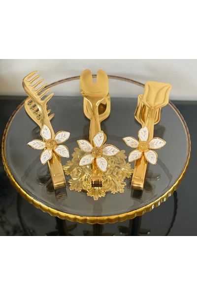 atabey home Gold Serving Tongs Set of 3 Papatya White/pasta/cake/food/presentation Tongs