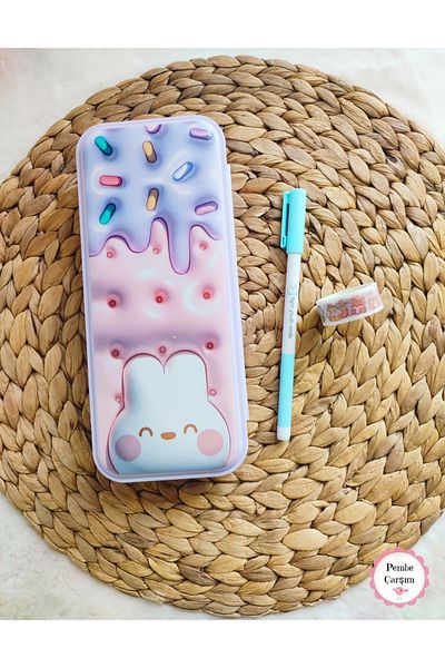 Pembe Çarşı Cute Rabbit Multi-Compartment 3D Printed Plastic Pencil Case 1 Piece